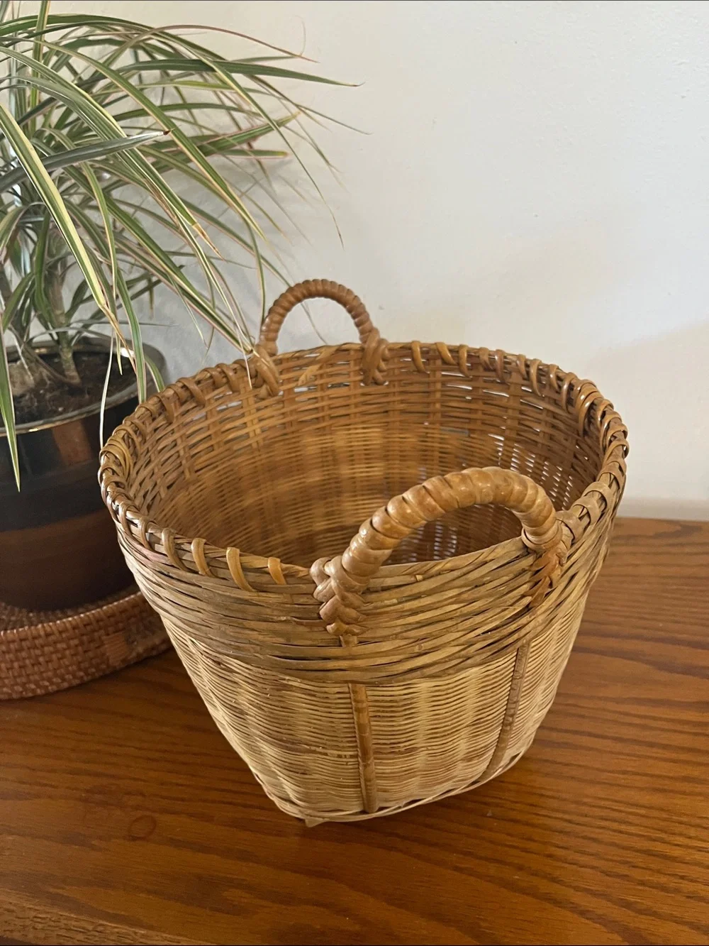 Handwoven Natural Rattan Basket with Loop Handles - Tan